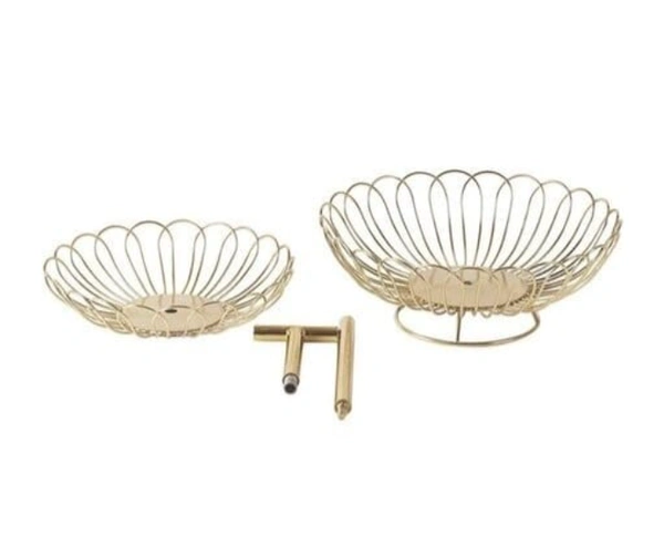 M.F EXPORTS Created two-tiered design fruit basket Also, a handcrafted Wood and wire basket - Gold Plated, Metal, Pack of1